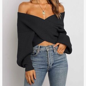 ZCSIA Women's Wrap V Neck Cross Front Cropped Off Shoulder Solid Knitted Sweater